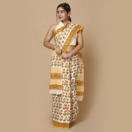 White and Orange Flower Block Printed Saree