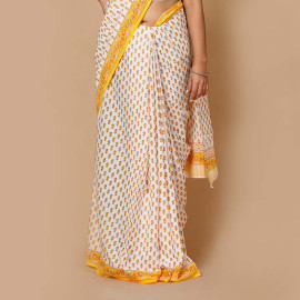 White and Yellow Small Buds Block Printed Saree