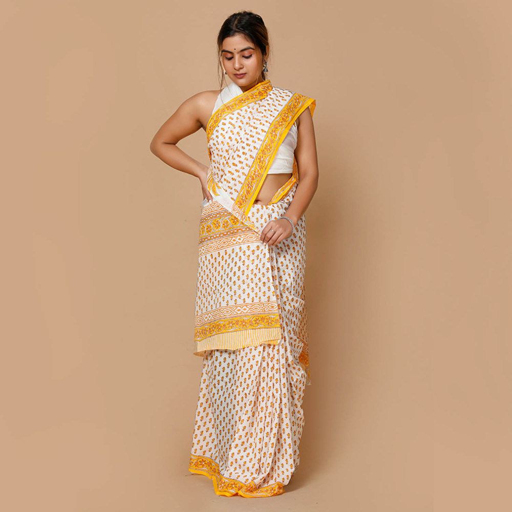 White and Yellow Small Buds Block Printed Saree