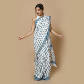 White with Blue Flower Block Printed Saree