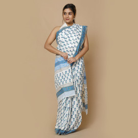 White with Blue Flower Block Printed Saree