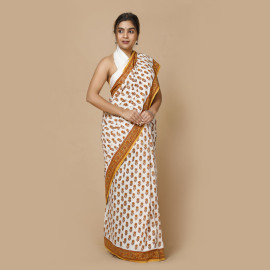 White with Small Orange Flower Block Printed Saree