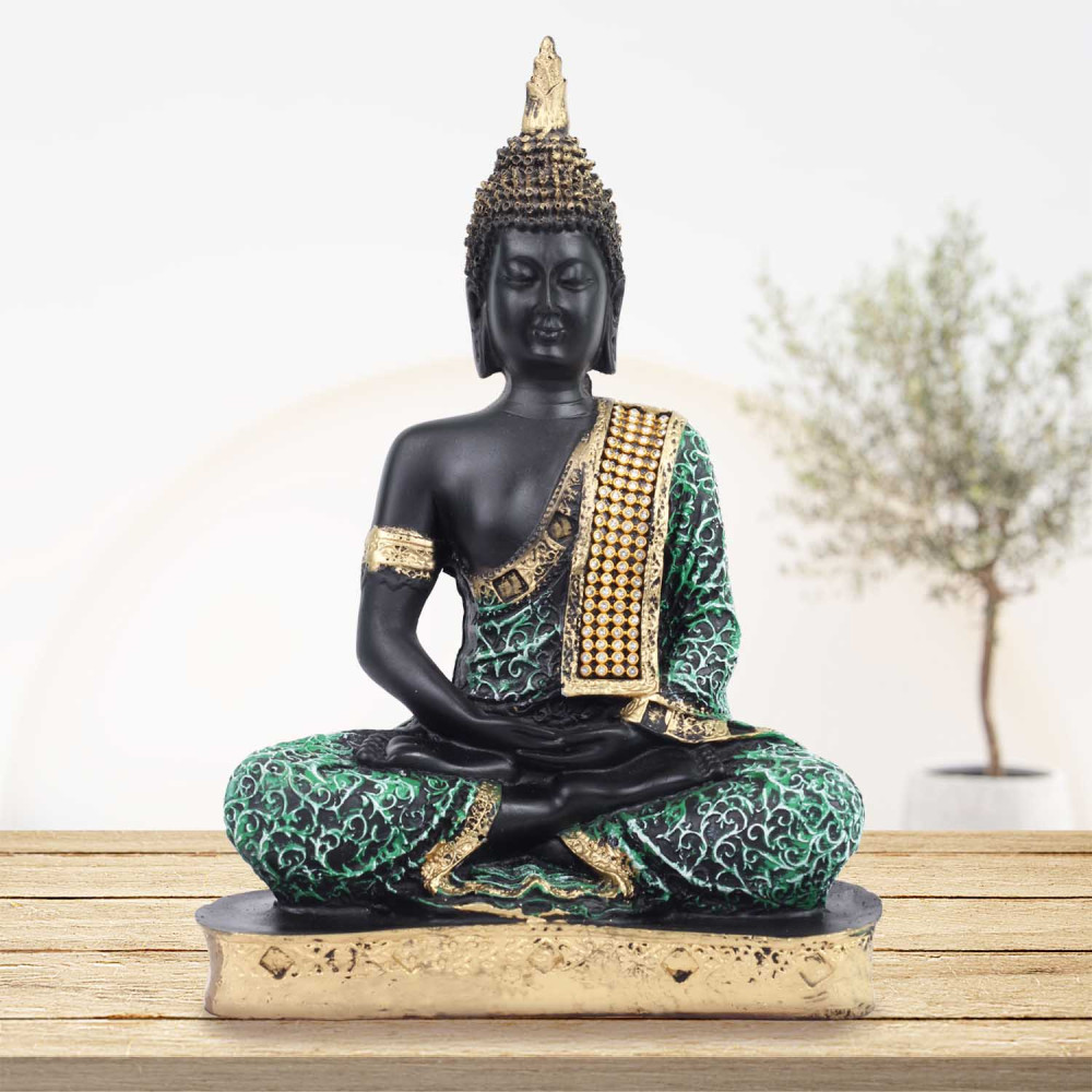 Black and Green Handpainted Buddha Statue for Home Decor