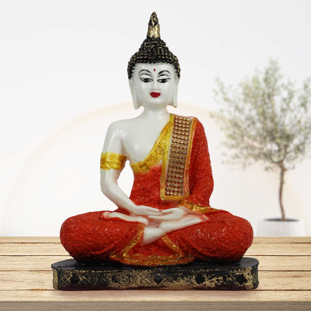White and Orange Handpainted Buddha Statue for Home Decor