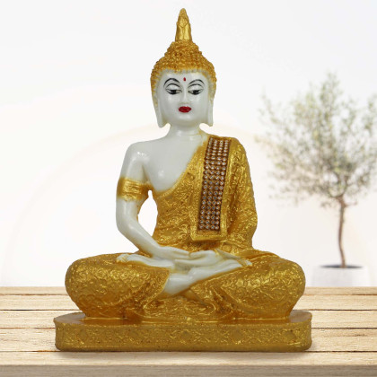 White and Yellow Handpainted Buddha Statue for Home Decor