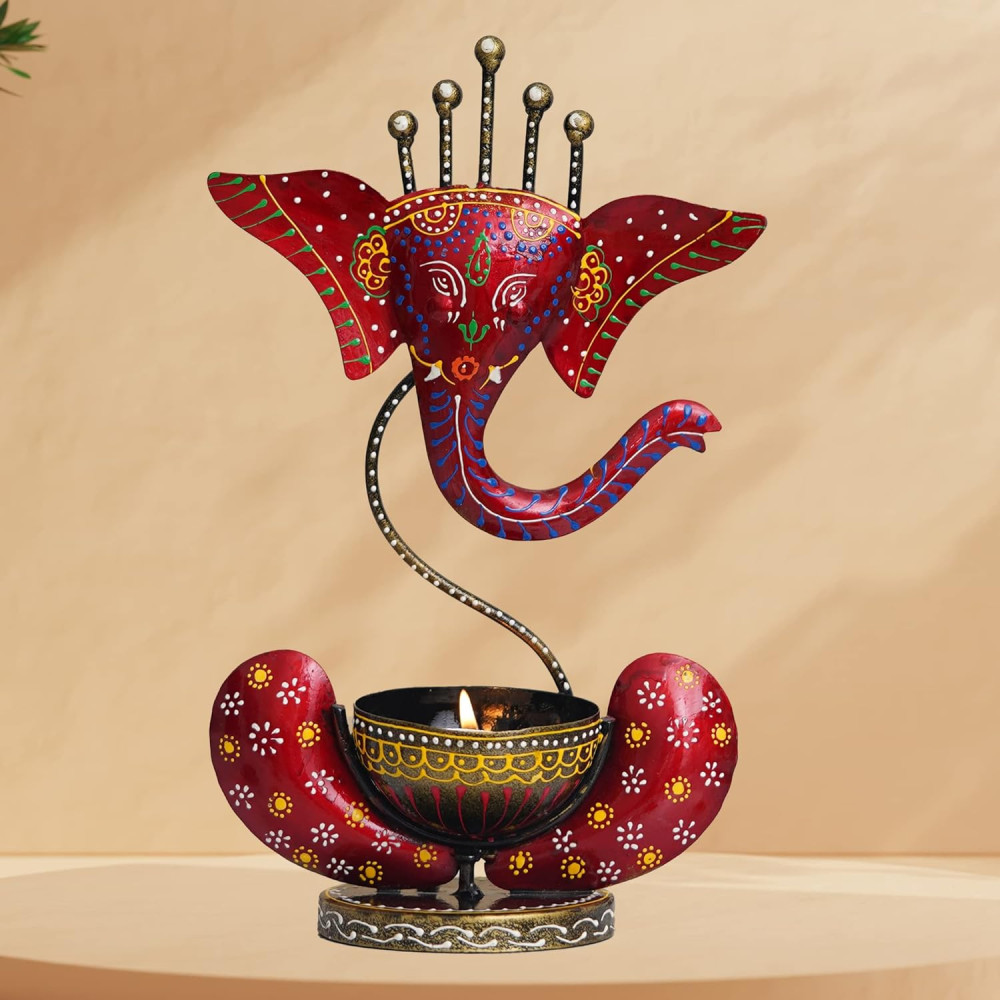 Red Decorative Lord Ganesha Tea Light Holder
