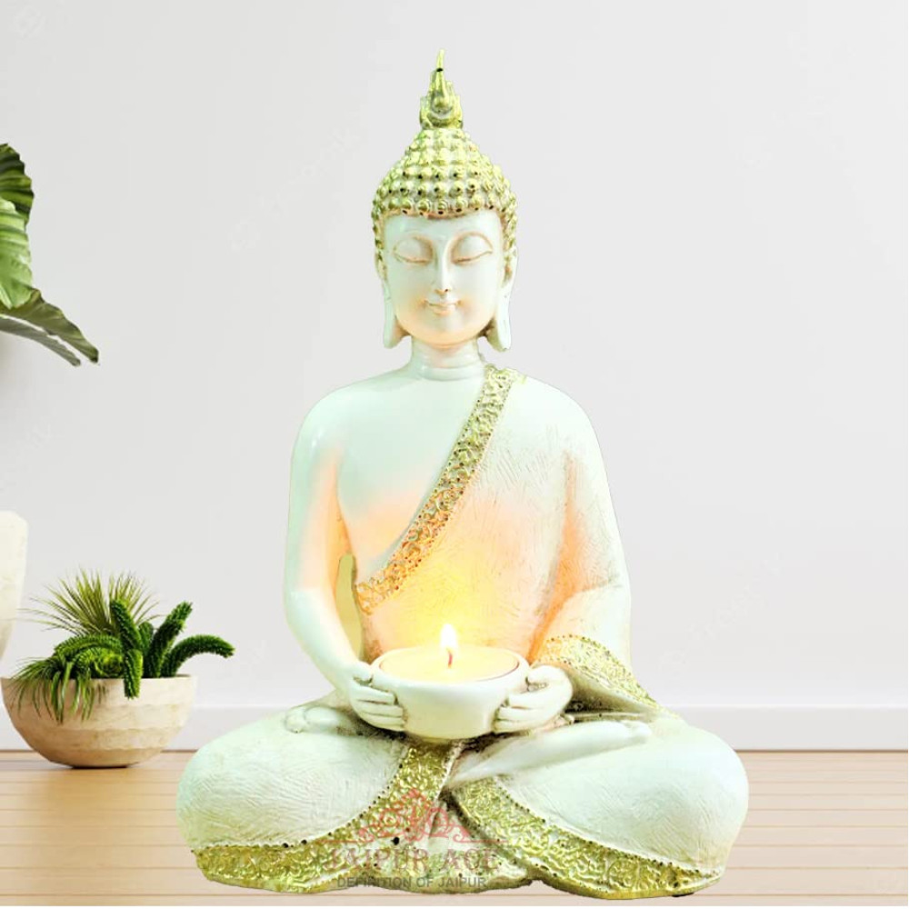 White Polyresin Buddha Tea Light Holder