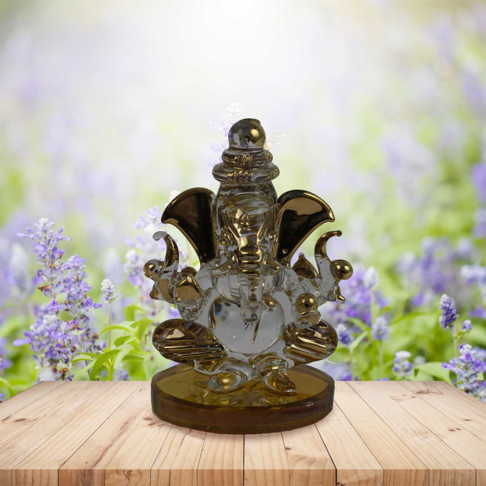 Double Sided Brass Shade Crystal Ganesha Idol for Car Dashboard, Office and Home Decor