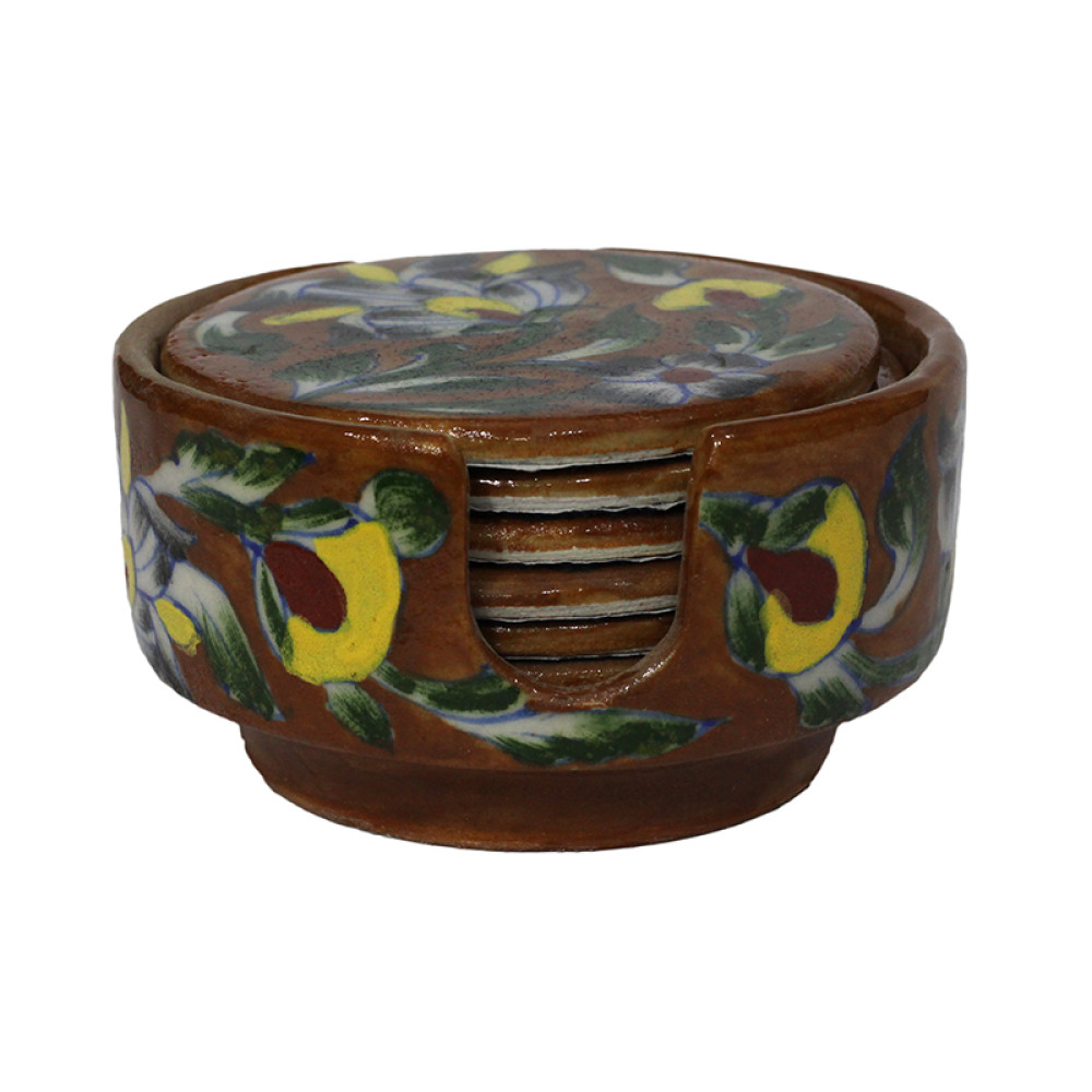 Jaipur Blue Pottery Tea Cup Coasters - Brown & Yellow Patel
