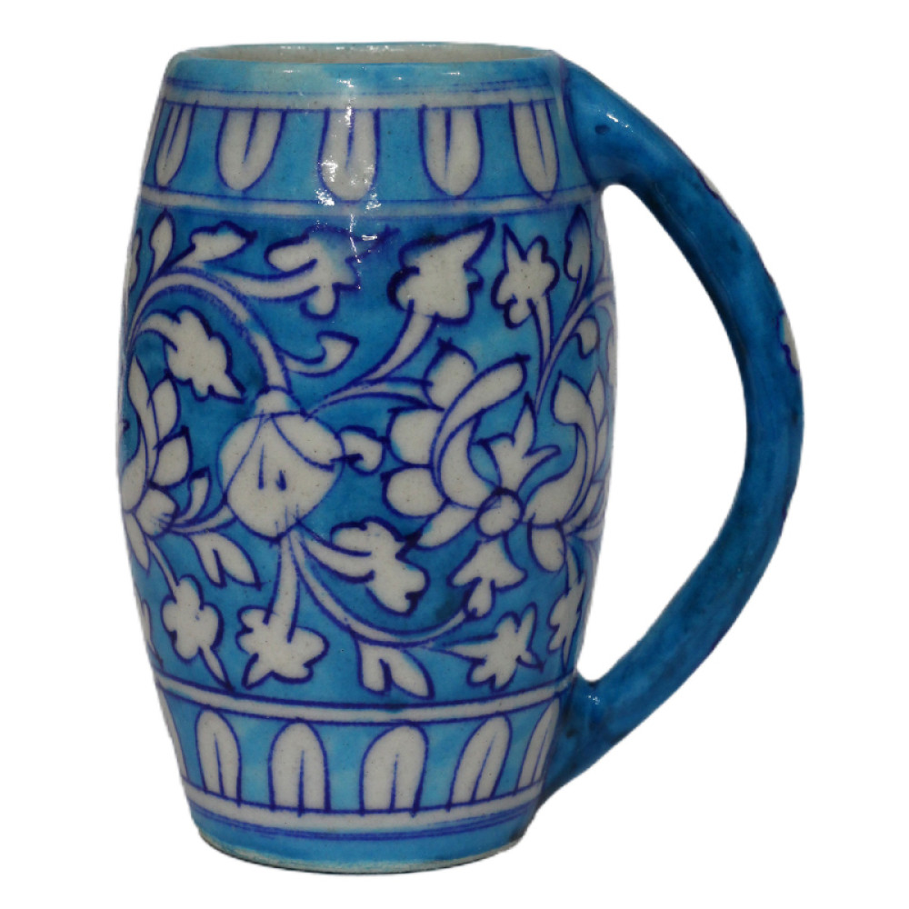 Jaipur Blue Pottery Beer Mug - White and Blue Floral