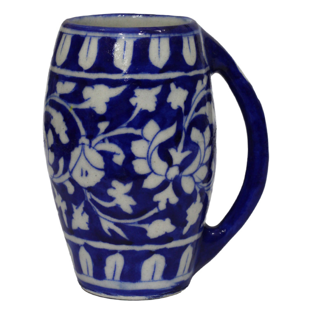Jaipur Blue Pottery Beer Mug - White and Blue Leaves