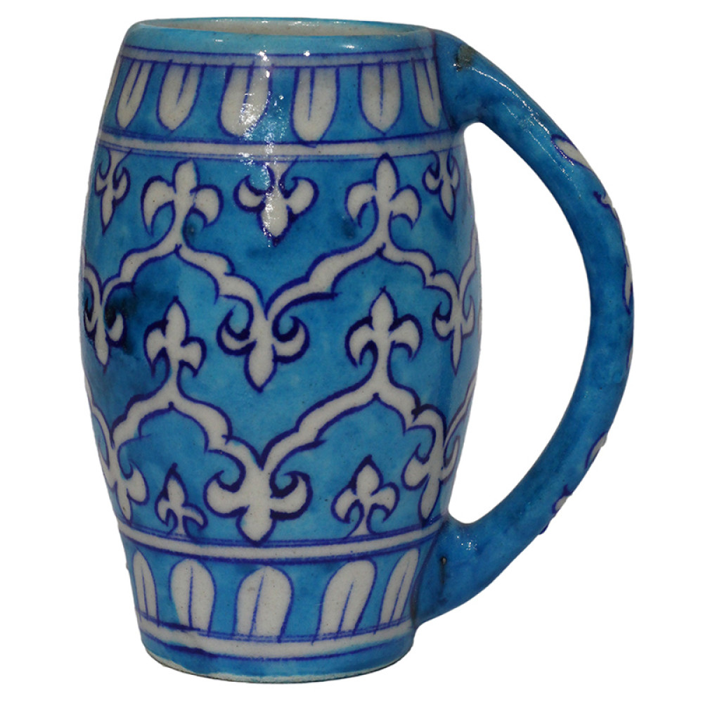Jaipur Blue Pottery Beer Mug - White and Blue Ornate
