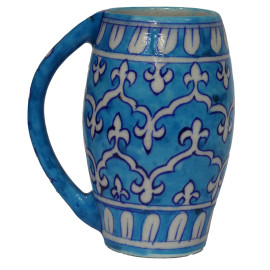 Jaipur Blue Pottery Beer Mug - White and Blue Ornate