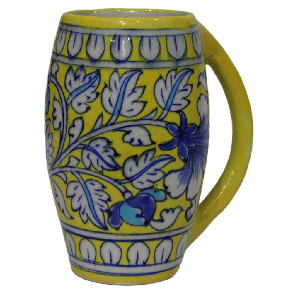 Jaipur Blue Pottery Beer Mug - Yellow and Blue Leaf