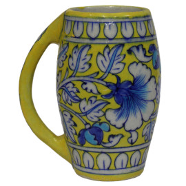Jaipur Blue Pottery Beer Mug - Yellow and Blue Leaf