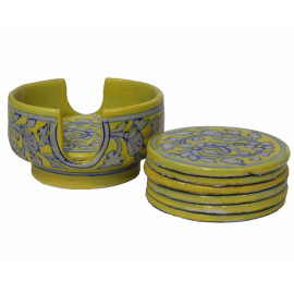 Jaipur Blue Pottery Tea Cup Coasters - Yellow Florals