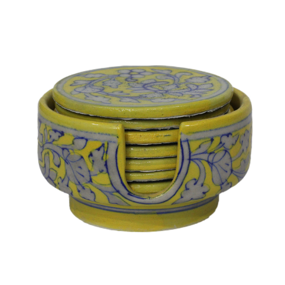 Jaipur Blue Pottery Tea Cup Coasters - Yellow Florals