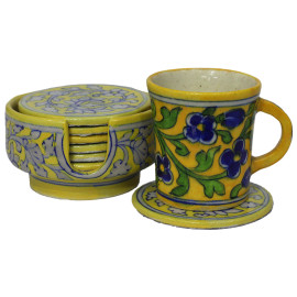 Jaipur Blue Pottery Tea Cup Coasters - Yellow Florals