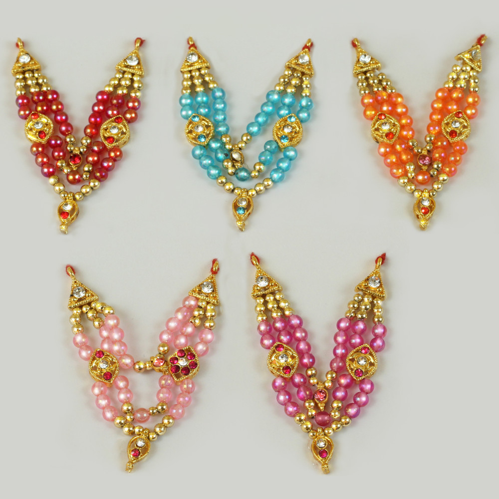 M128 Laddu Gopal Mala Set Three Lines Single Coloured Pearl with Pendant - Pack of 5