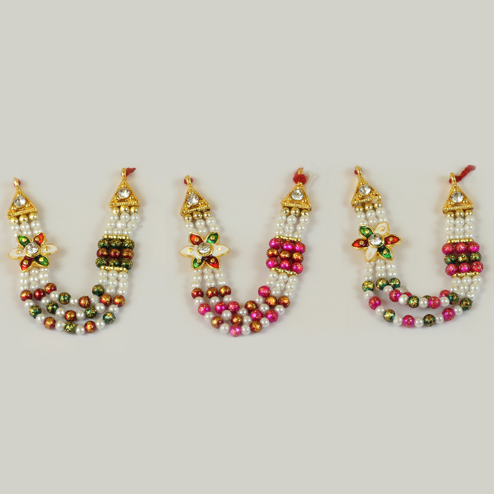 M129 Laddu Gopal Mala Set Three Line Multicolor Pearl and Flower - Pack of 3