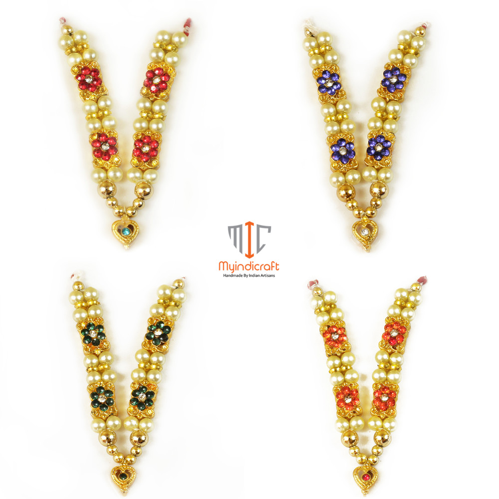 M4 Laddu Gopal Mala Set Two Lines Gold and White Pearl with Floral Diamonds - Pack of 4