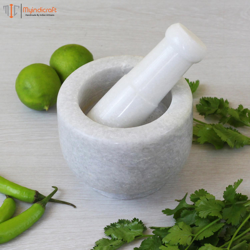 4x3 Inch White Marble Mortal and Pestle Set for Kitchen